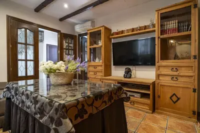 Una televisión o centro de entretenimiento en Casa con patio y terraza en Barrio histórico de la Villa, junto al Adarve